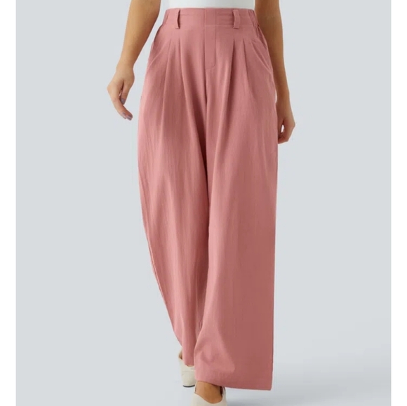 High Waisted Pocket Wide Leg Flowy Solid Palazzo Casual Linen-Feel Pants - Picture 10 of 12